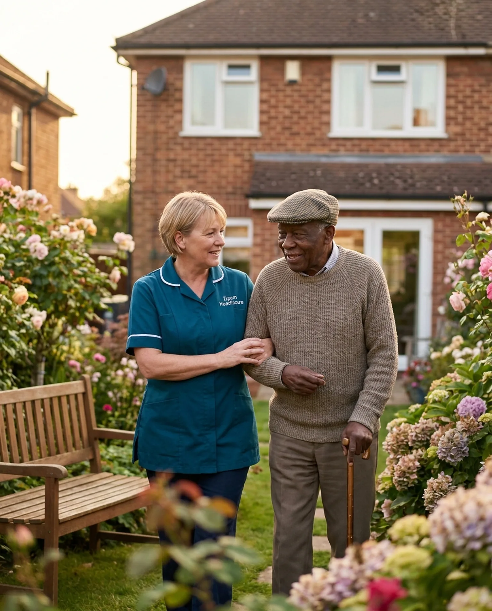 Dawn Healthcare carer walking arm in arm with an older man in his Leicester garden