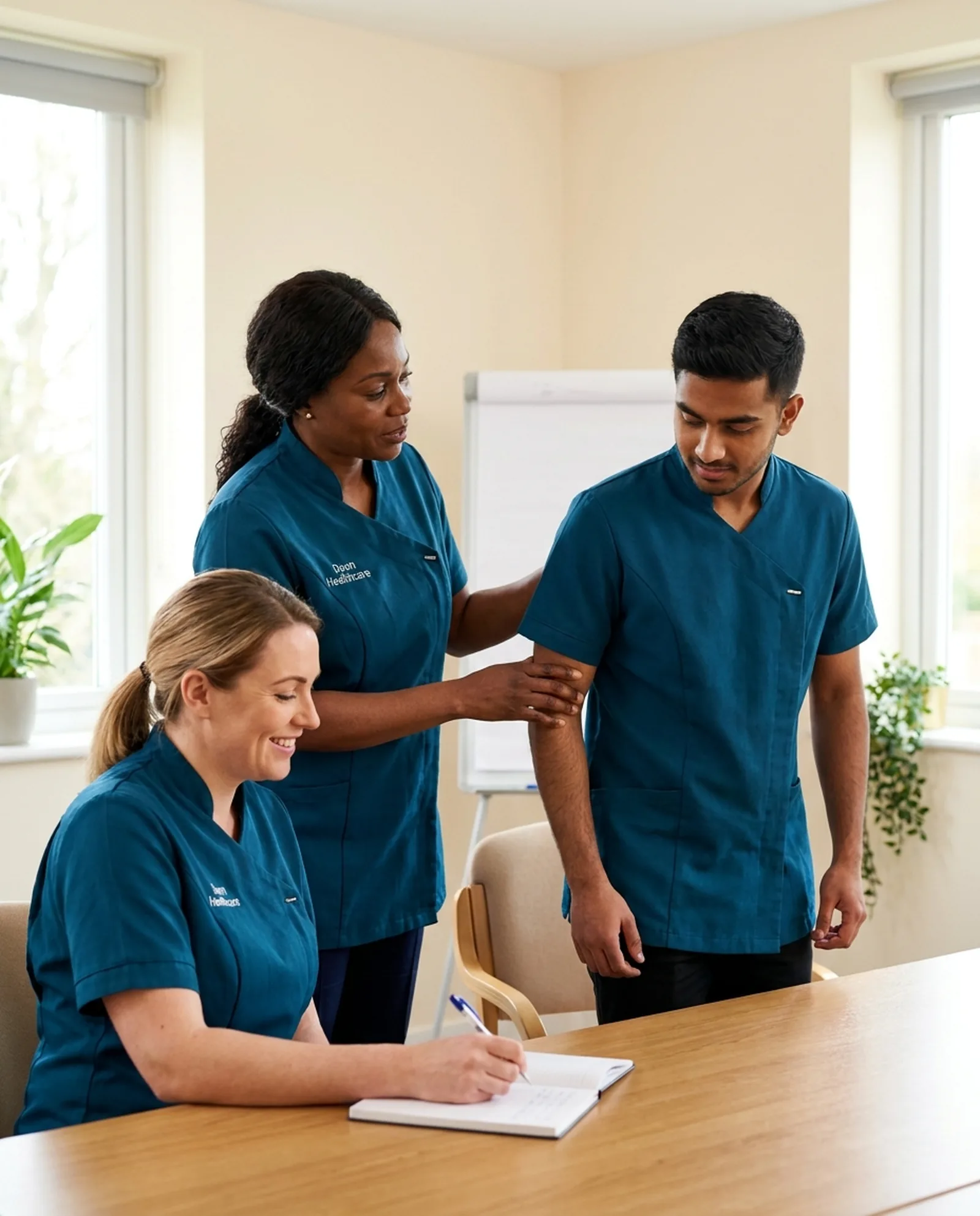 Dawn Healthcare carers in teal uniforms taking part in a practical care training session in Leicester