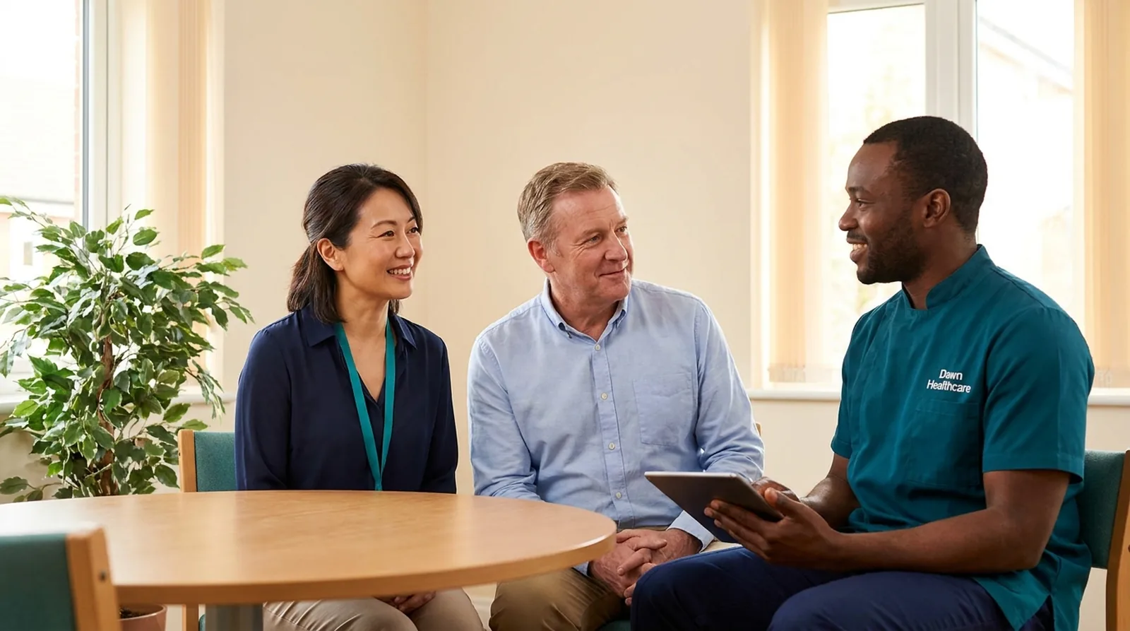 Dawn Healthcare managers holding a supportive supervision meeting with a carer in a teal uniform