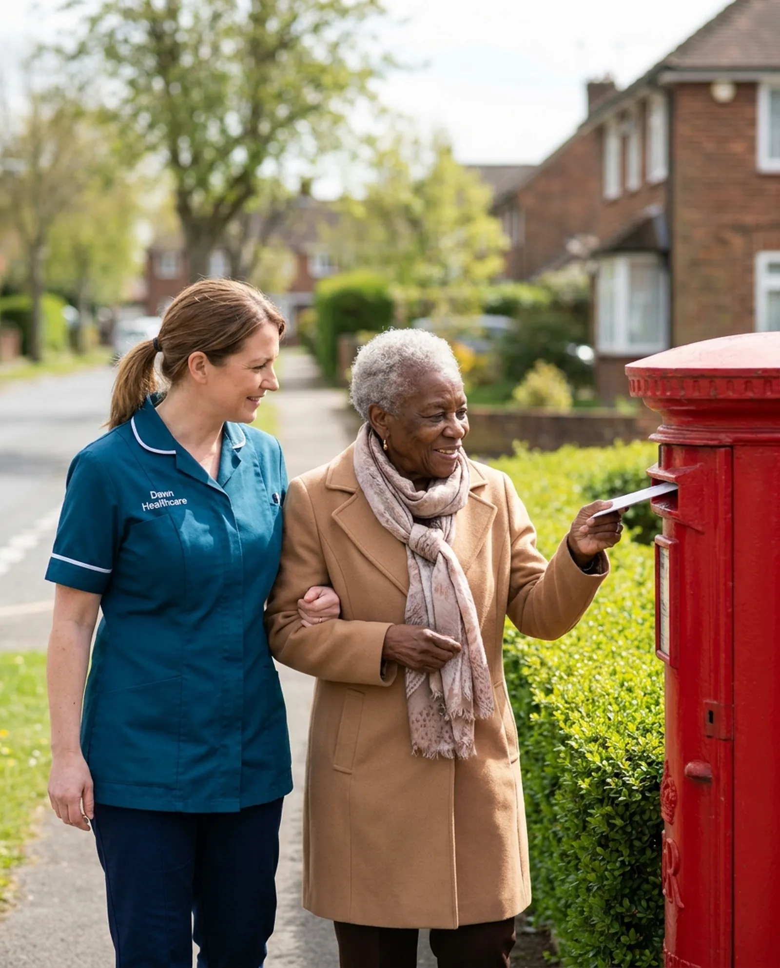 Dawn Healthcare carer in a teal uniform helping an older woman post a letter near her home in Leicester
