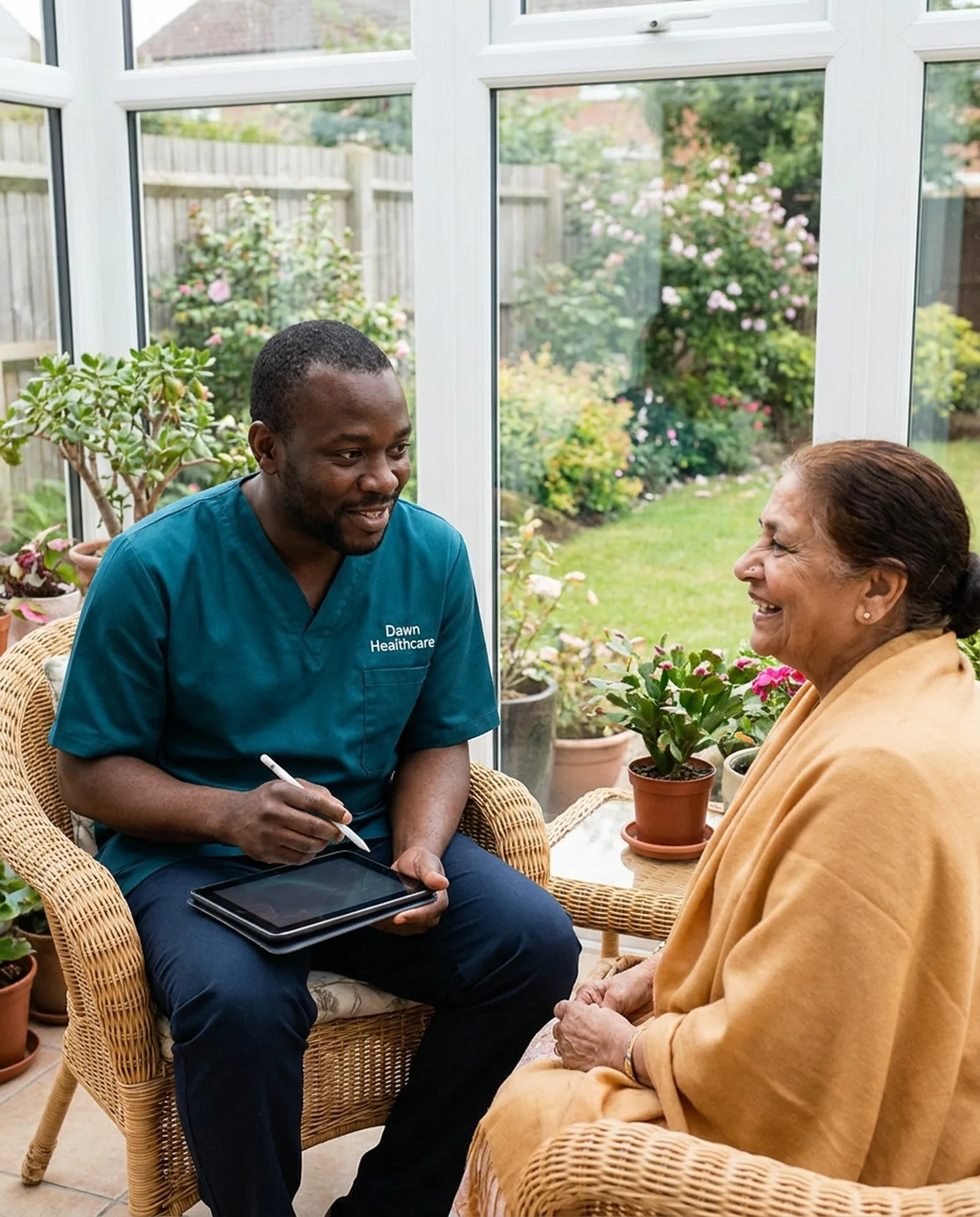 Carer in a teal Dawn Healthcare uniform listening to an older woman during a home care assessment