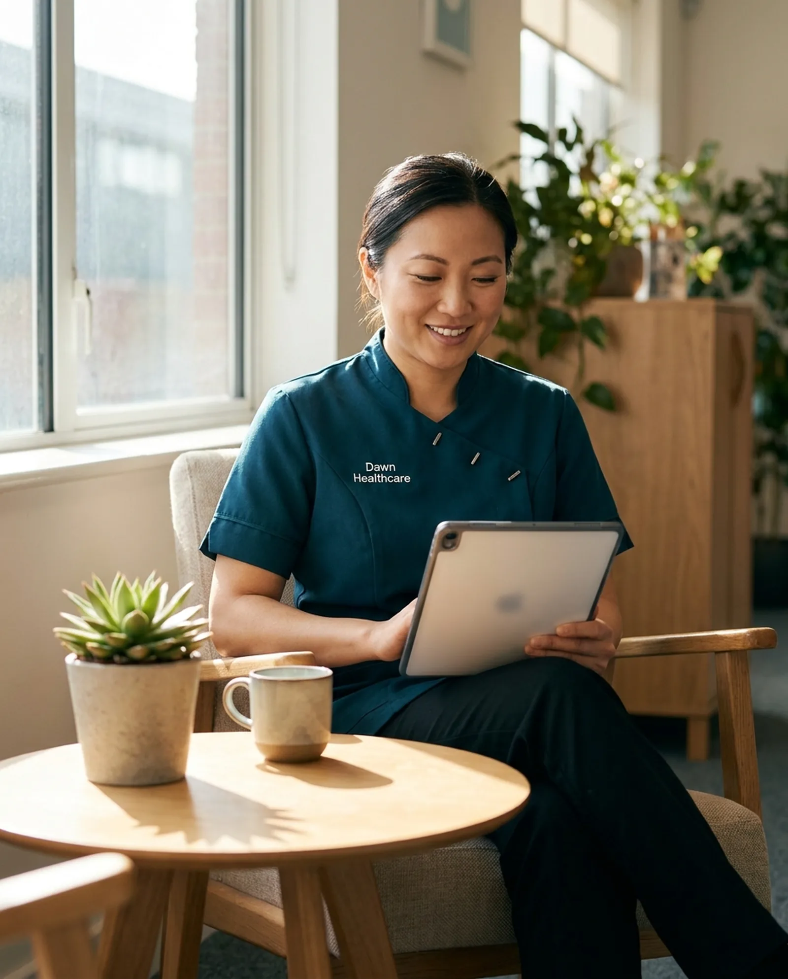 Dawn Healthcare carer in a teal uniform smiling while checking her work schedule on a tablet