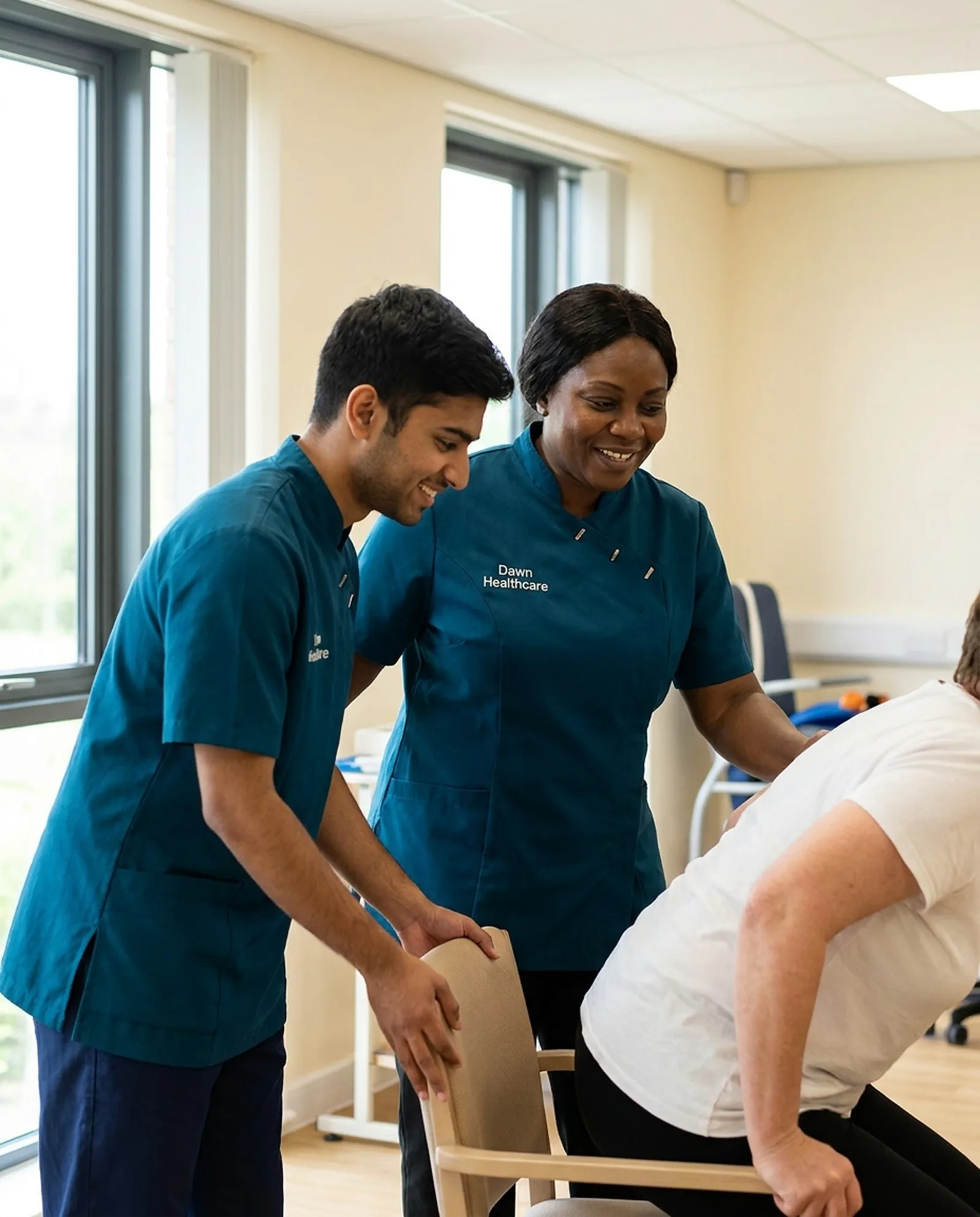 Dawn Healthcare trainer in a teal uniform supporting a new carer during moving and handling training
