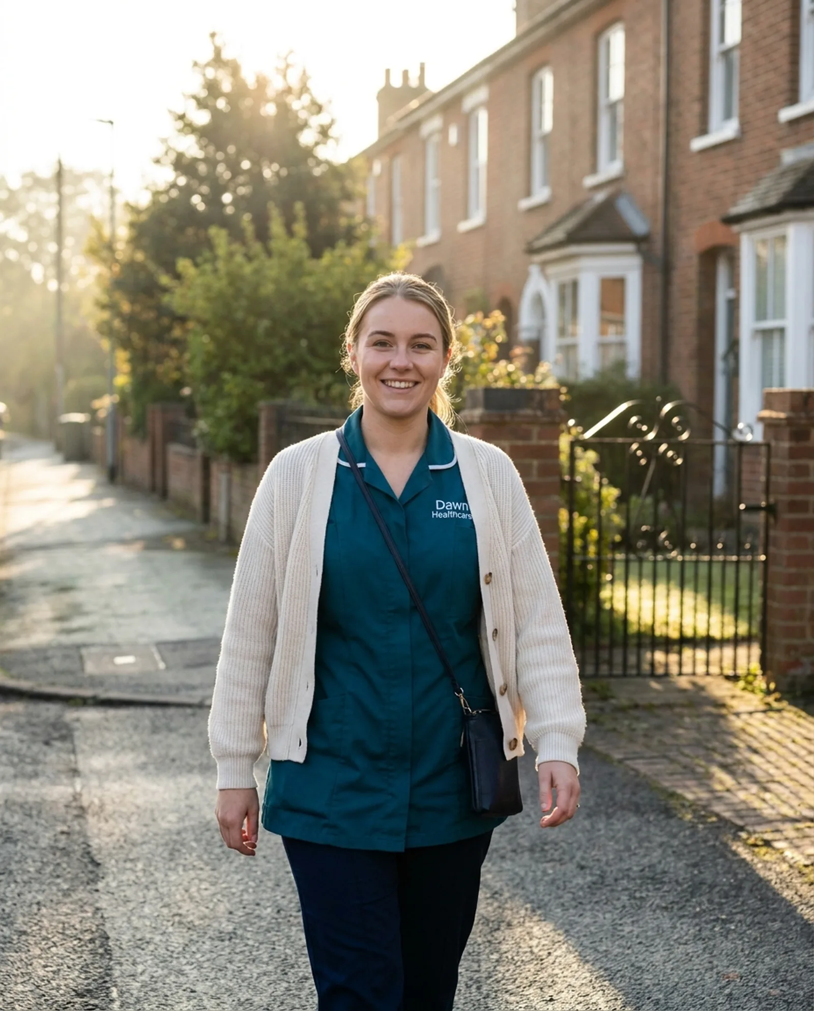 Smiling Dawn Healthcare carer in a teal uniform walking to a home care visit on a Leicester street