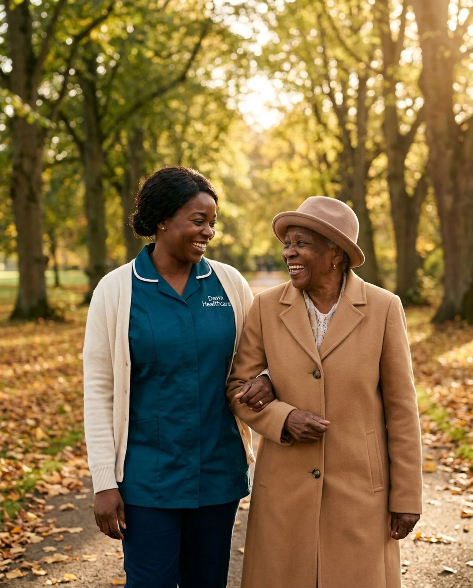 Dawn Healthcare companion carer walking arm in arm with an older woman in a Leicester park