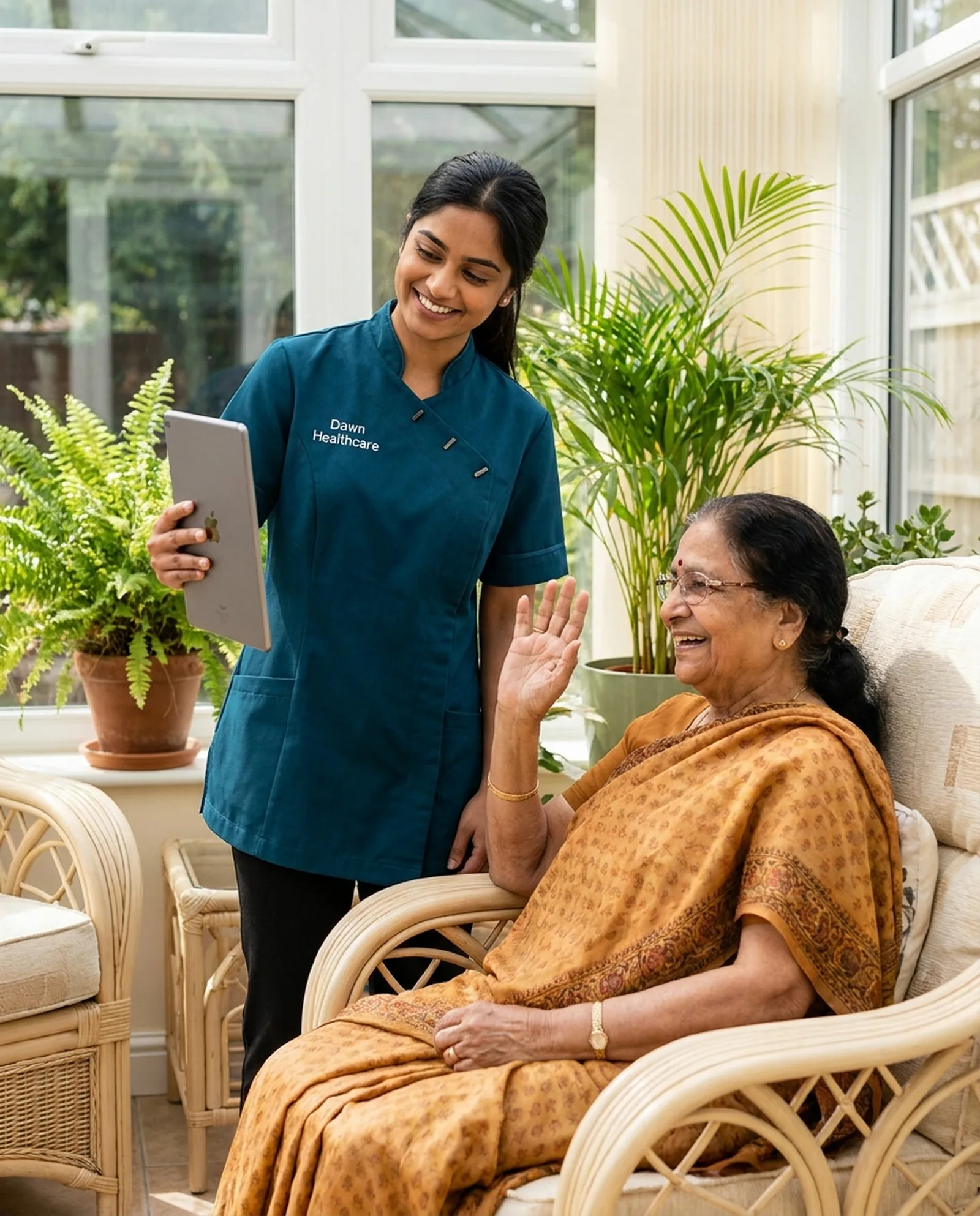 Carer in a teal Dawn Healthcare uniform helping an older woman video call her family at home