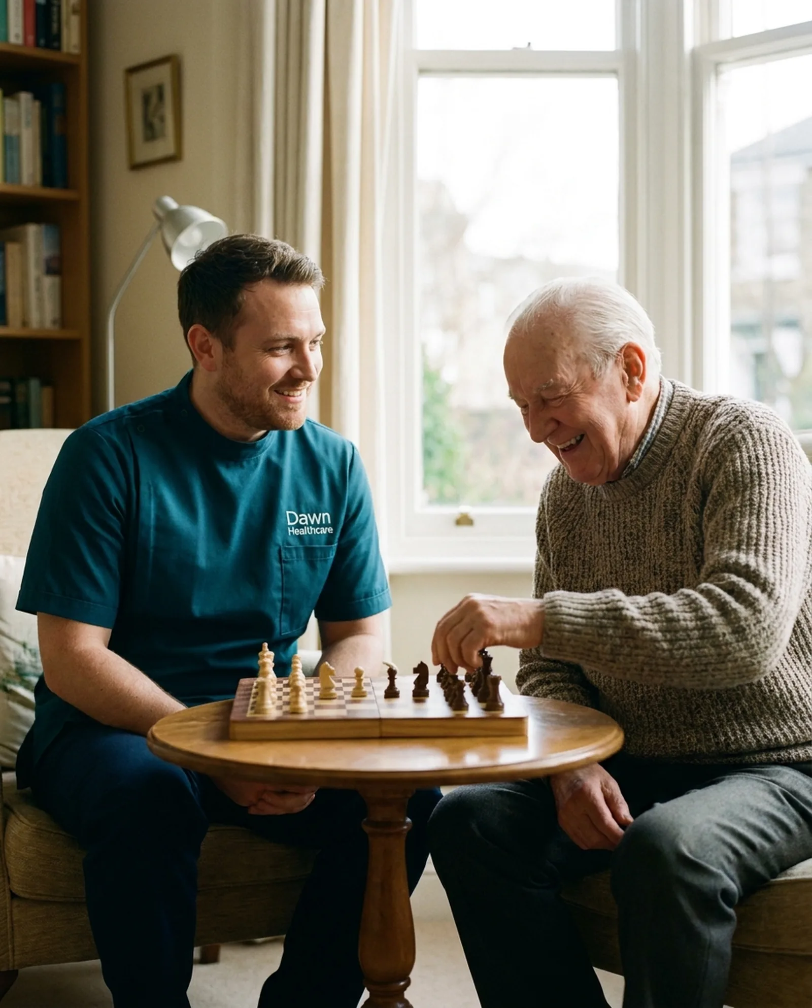 Dawn Healthcare carer playing chess with an older man during a companionship visit