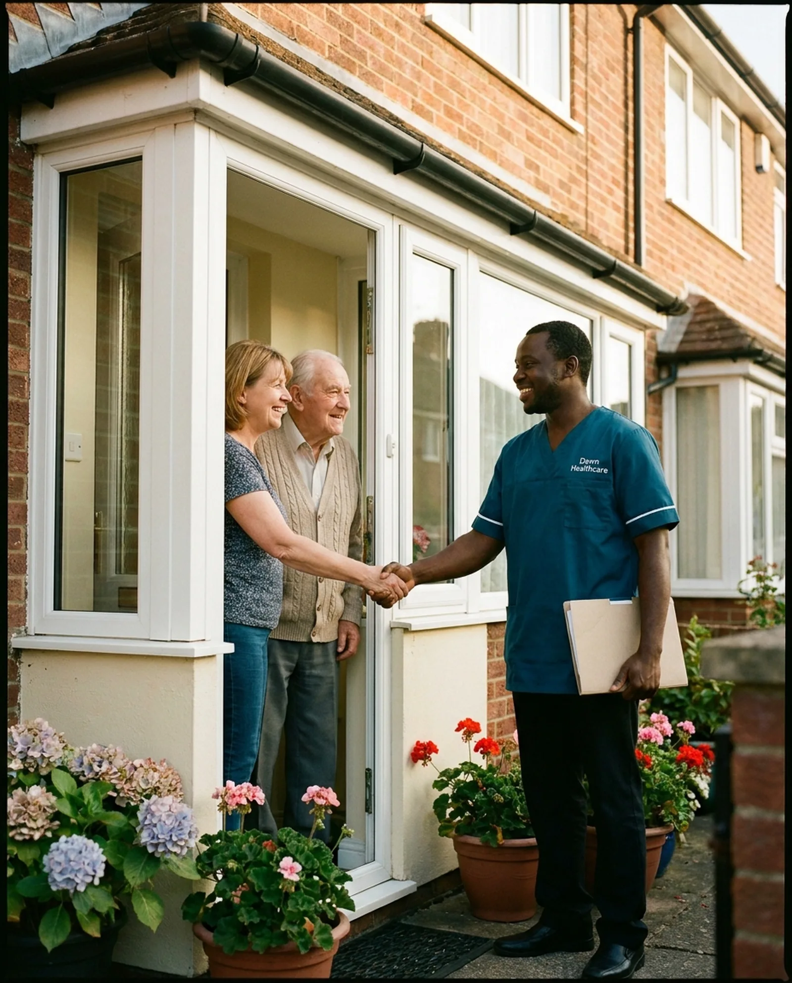 Dawn Healthcare carer in a teal uniform welcomed by a daughter and her father for a home care assessment