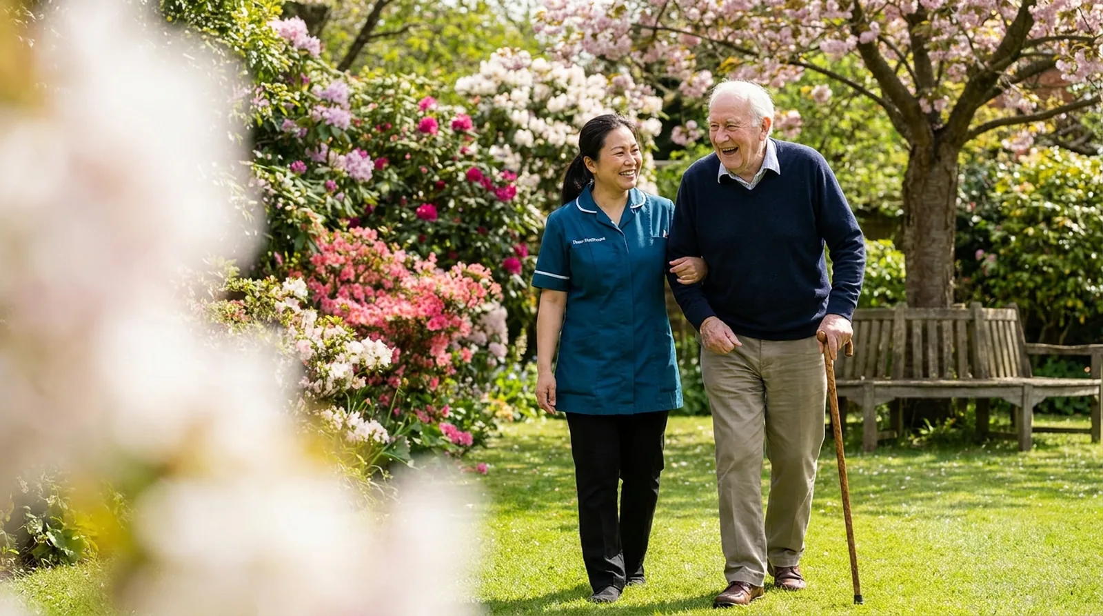 Dawn Healthcare carer in a teal uniform walking arm in arm with an older man in his garden in Leicester