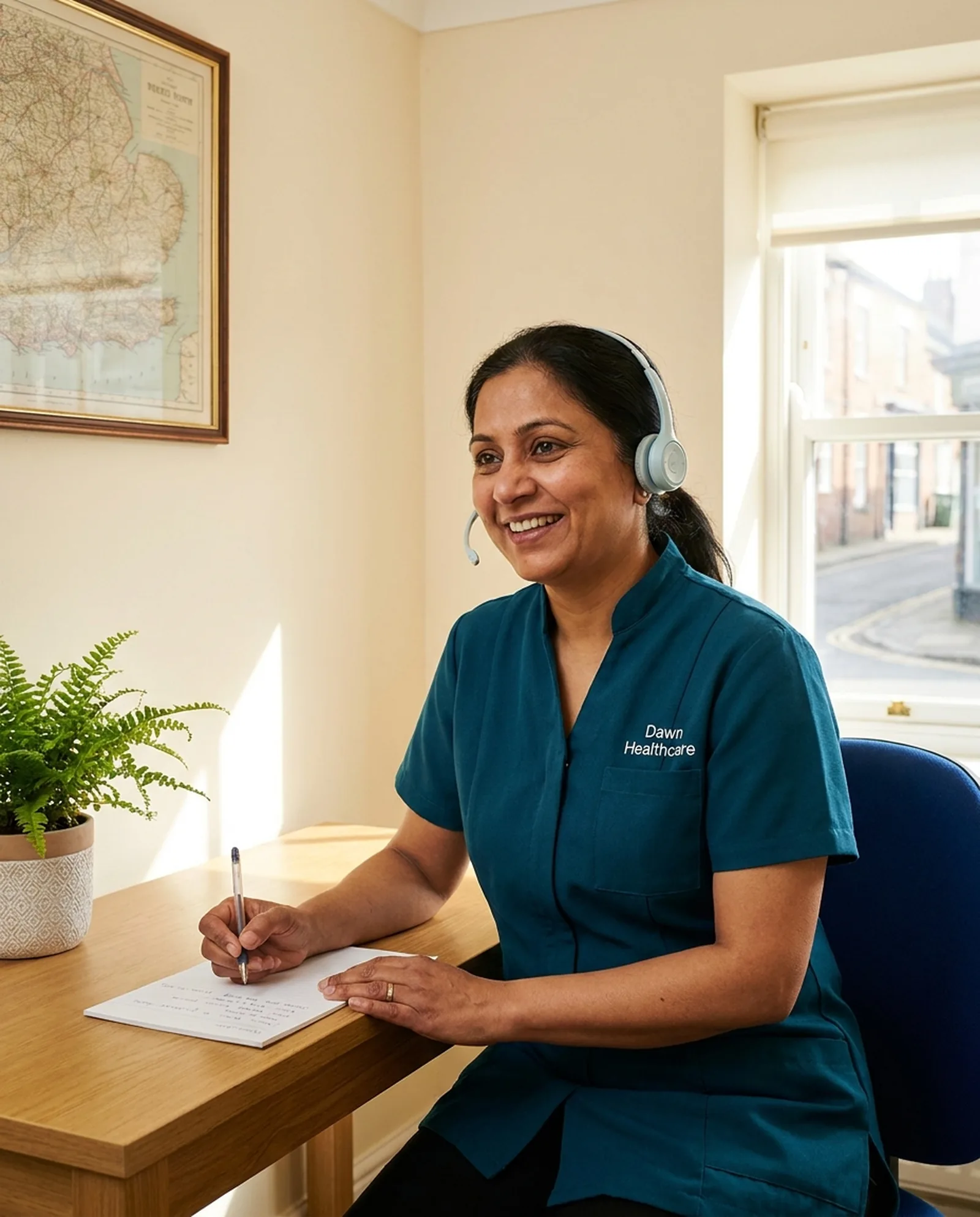 Dawn Healthcare care coordinator in a teal uniform answering a care enquiry by phone in the Leicester office