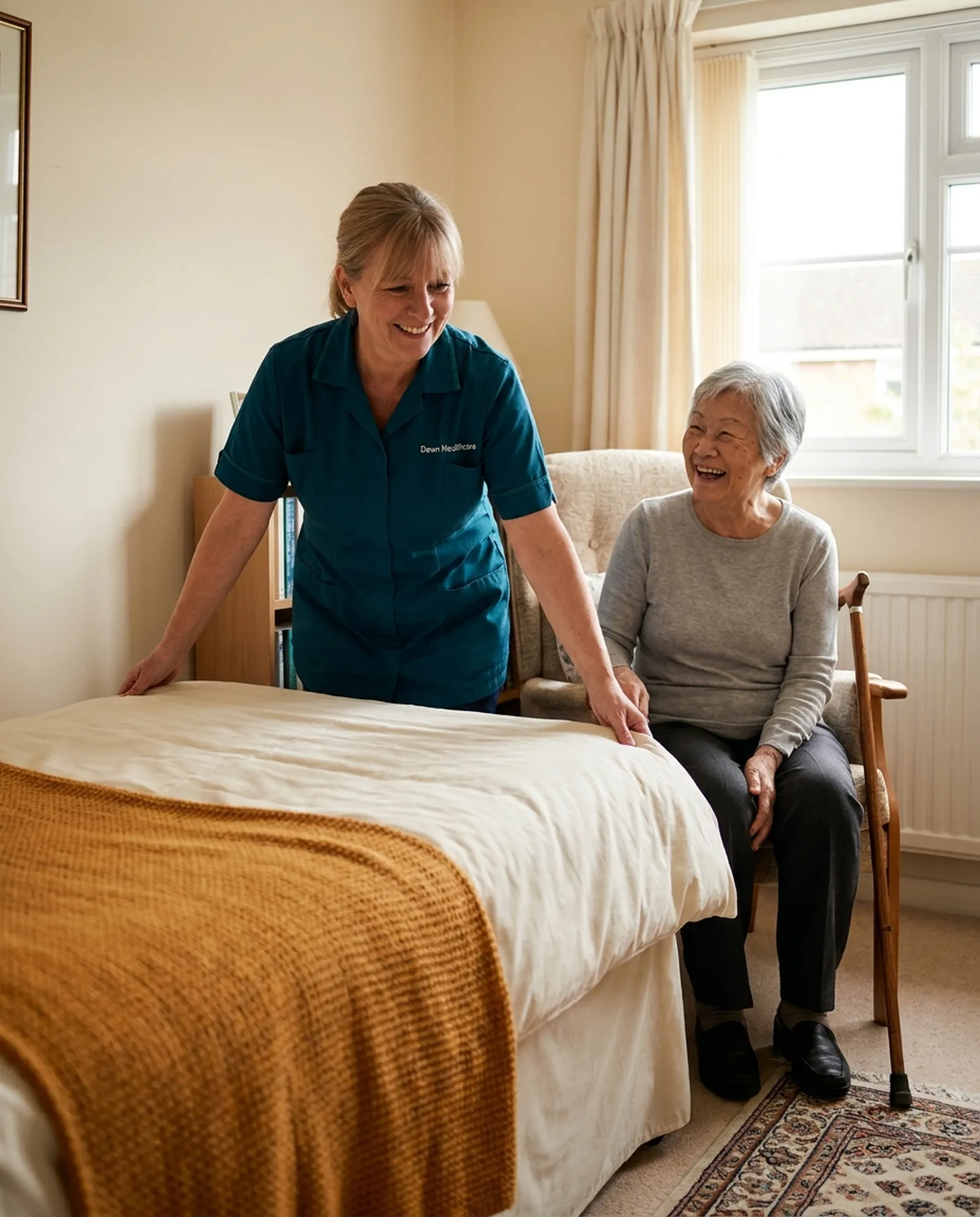 Dawn Healthcare carer changing the bed for an older woman as part of domestic support at home