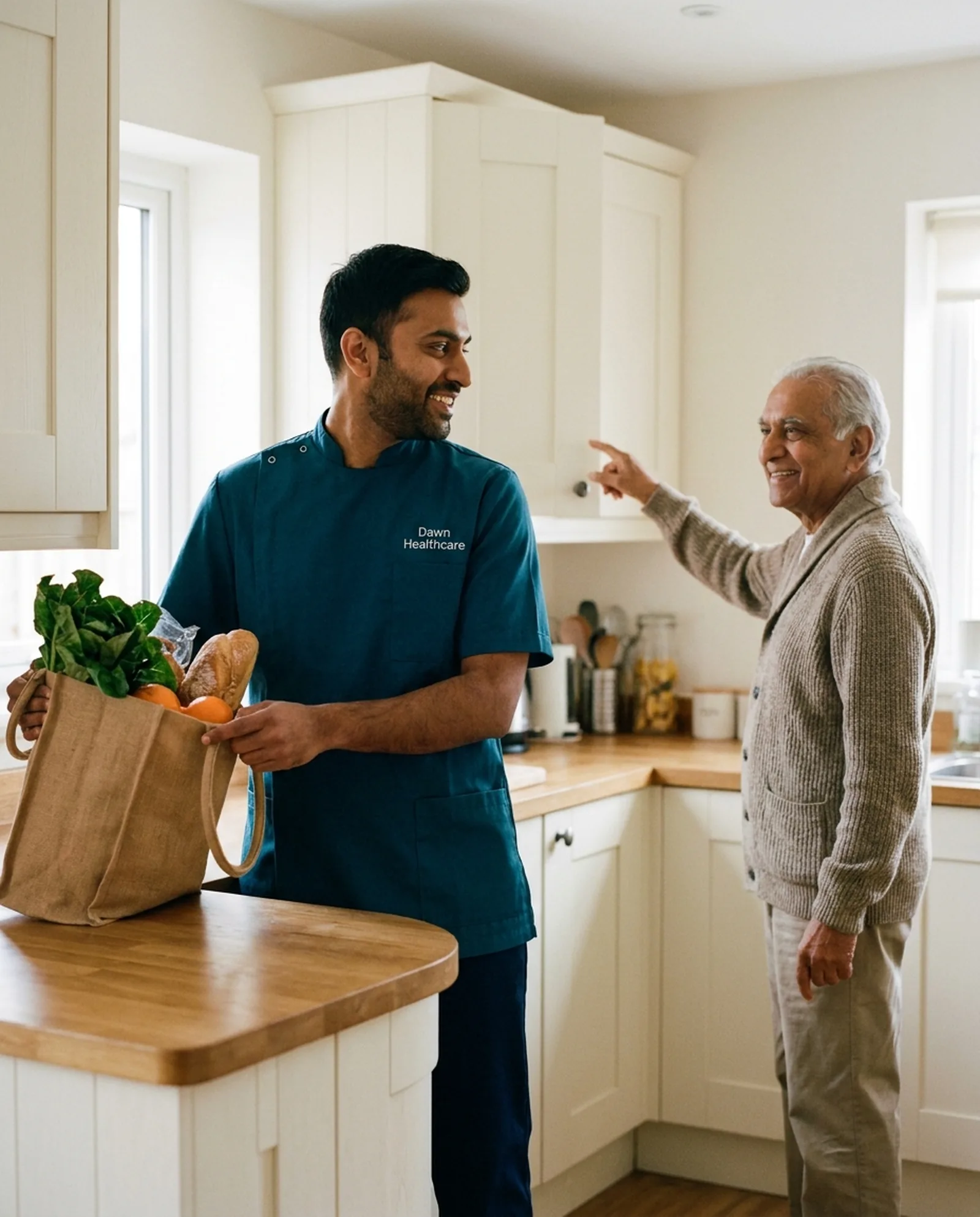 Carer in a teal Dawn Healthcare uniform unpacking grocery shopping with an older man in his kitchen
