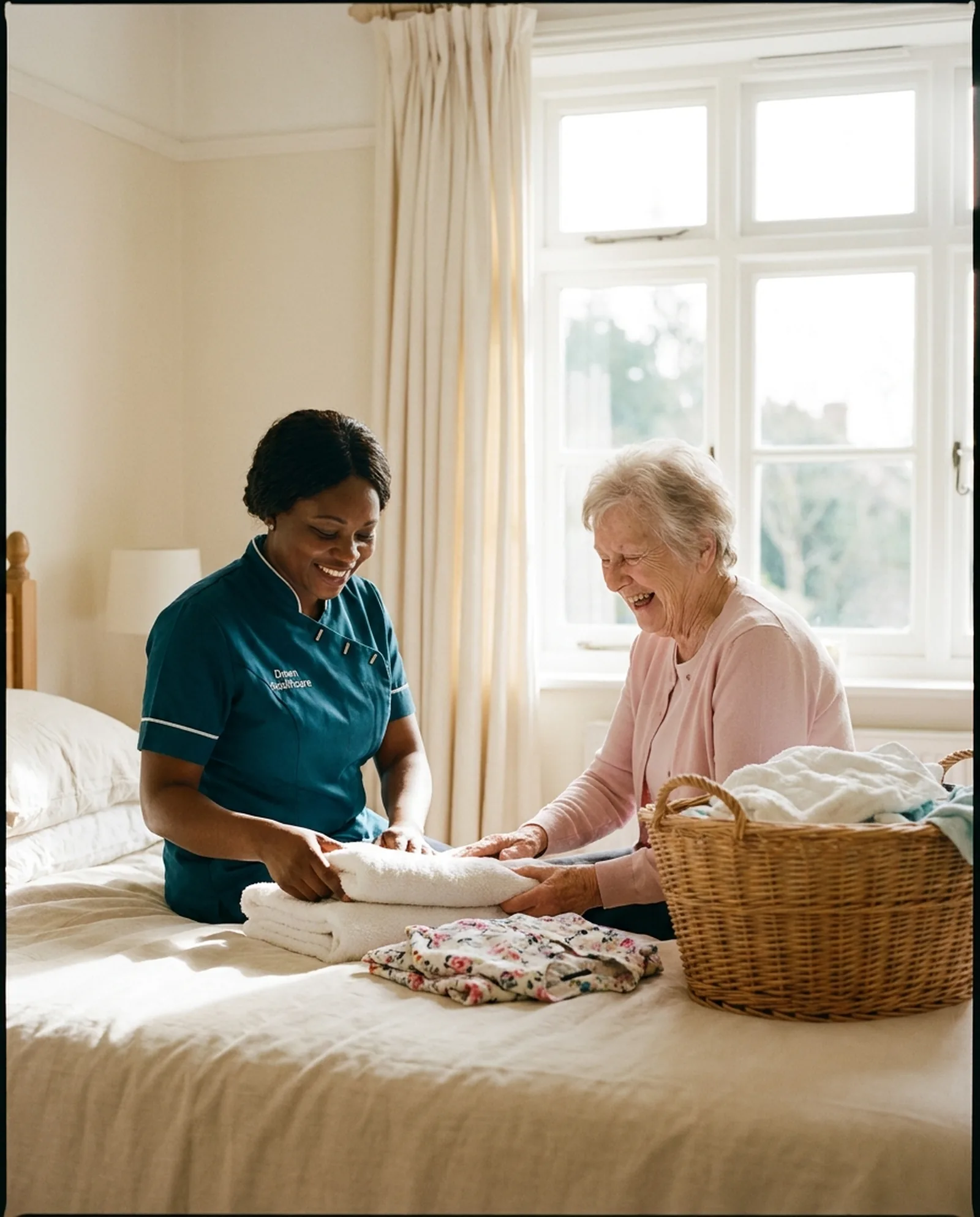 Dawn Healthcare carer folding laundry with an older woman during a home help visit