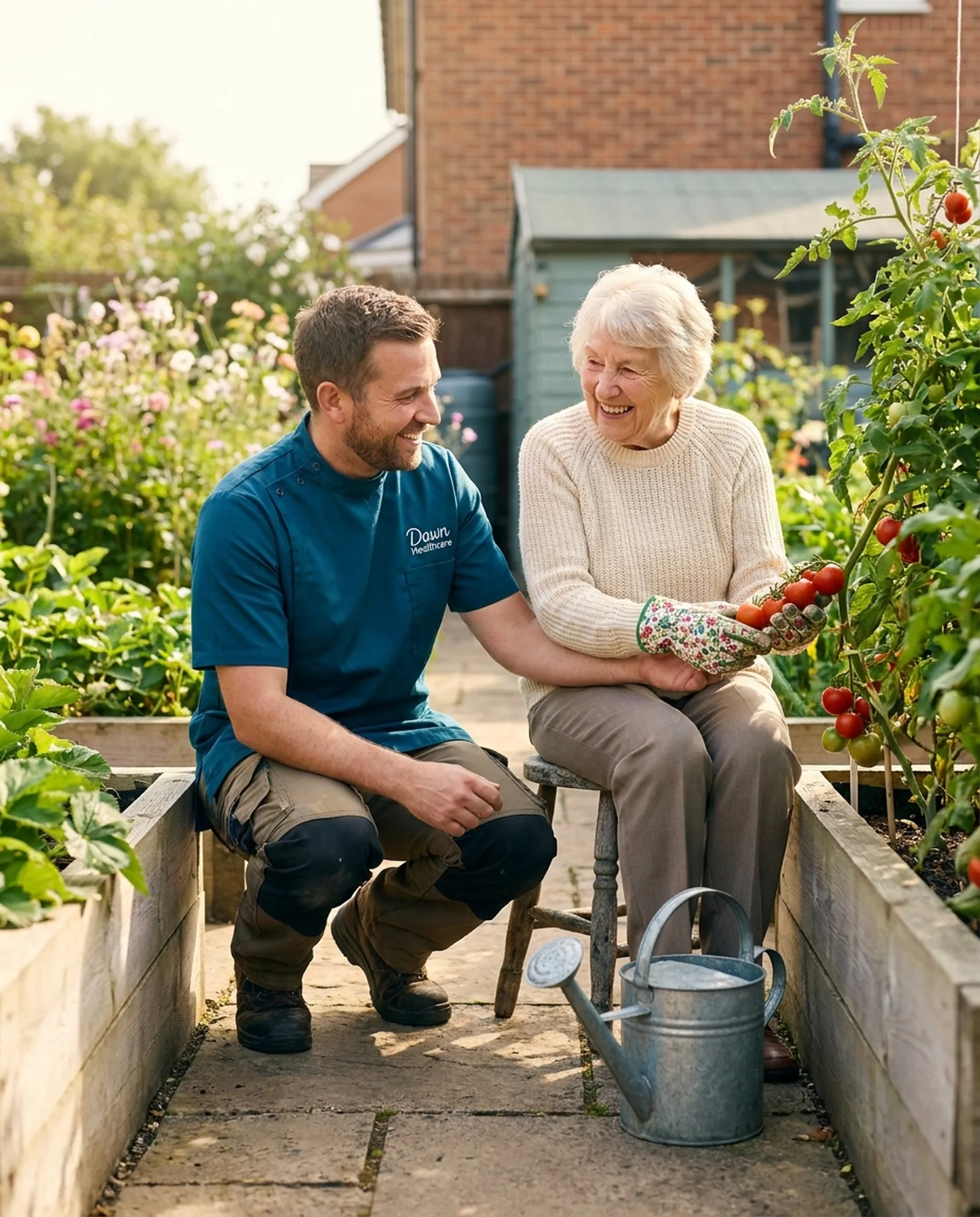 Dawn Healthcare carer in a teal uniform helping an older woman in her garden during a home care visit in Leicester