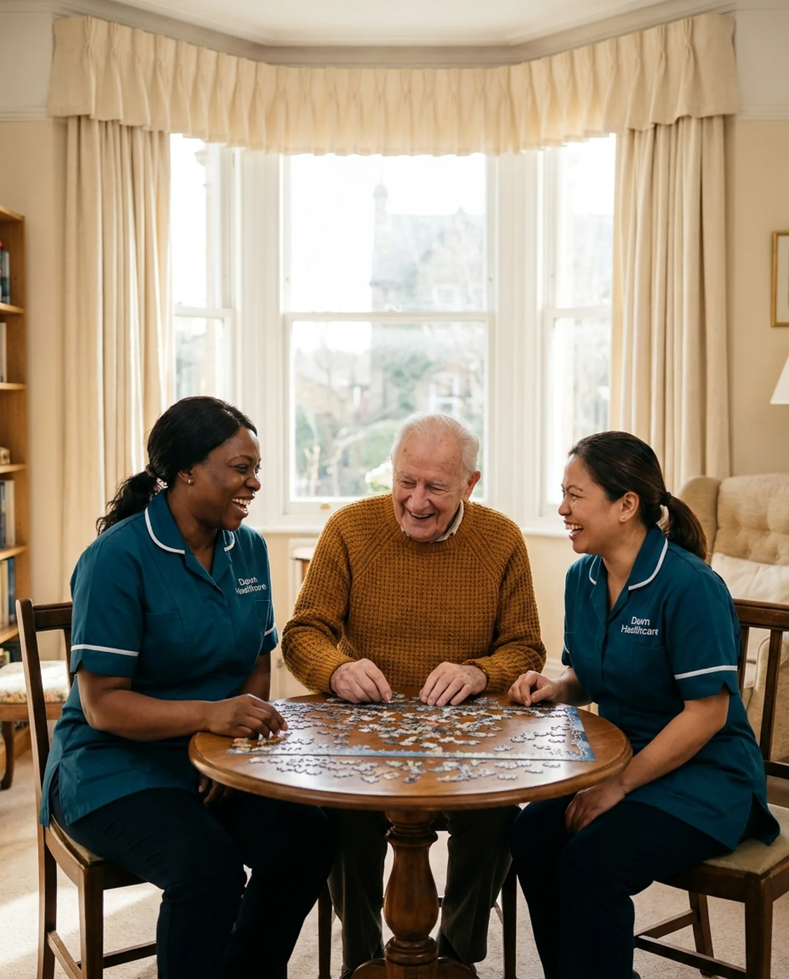 Two Dawn Healthcare carers in teal uniforms doing a jigsaw puzzle with an older man at home
