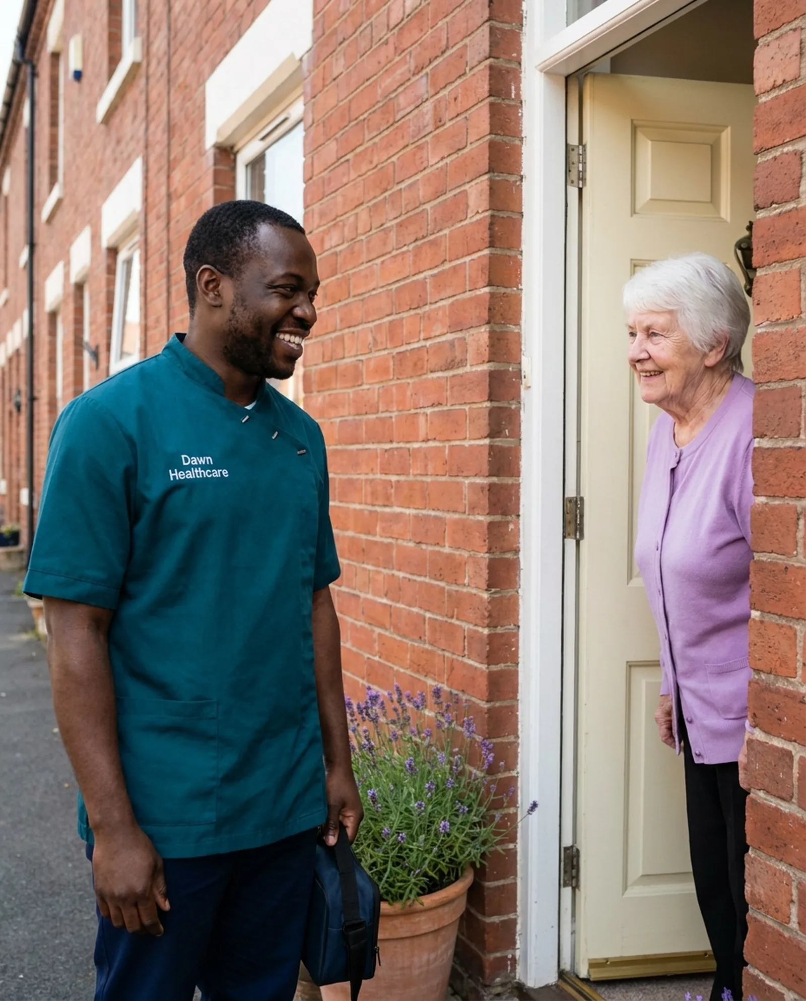 Dawn Healthcare carer being welcomed at the front door for a home care visit