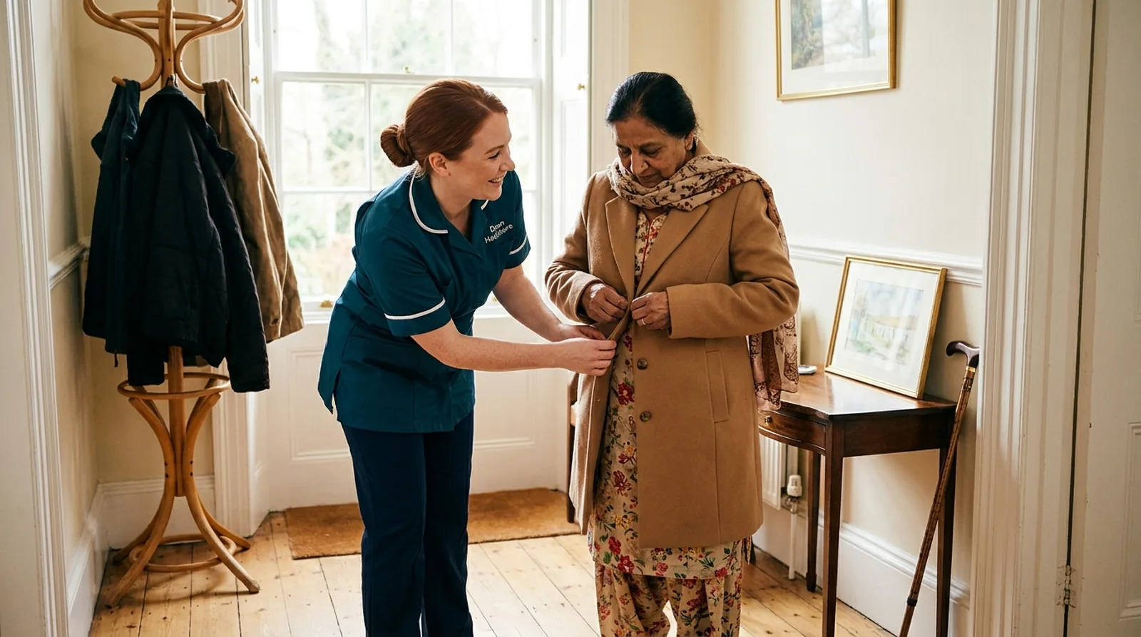 Dawn Healthcare carer in a teal uniform helping an older woman get ready to go out for a walk