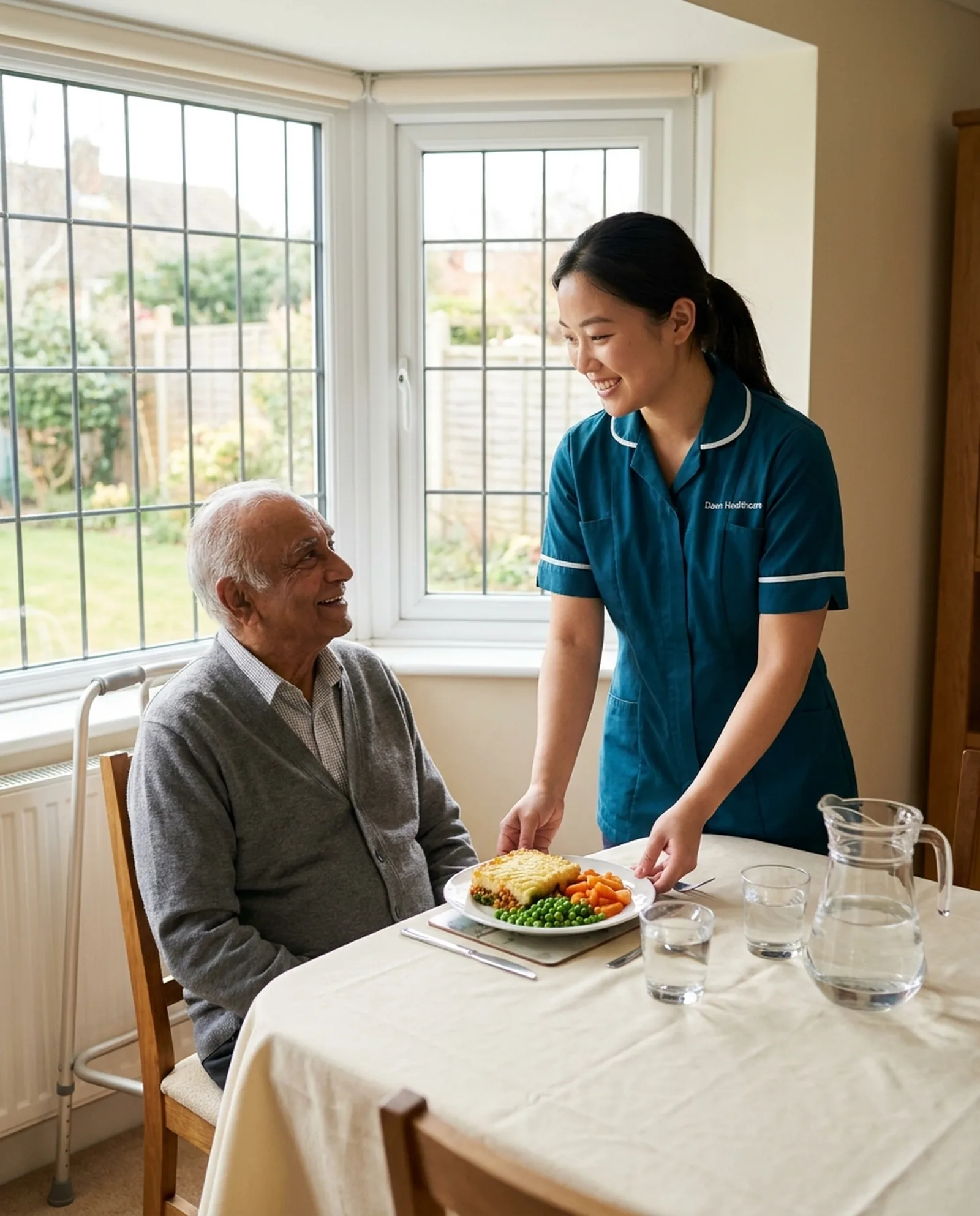 Home carer in a teal Dawn Healthcare uniform serving a homemade lunch to an older man in Leicester