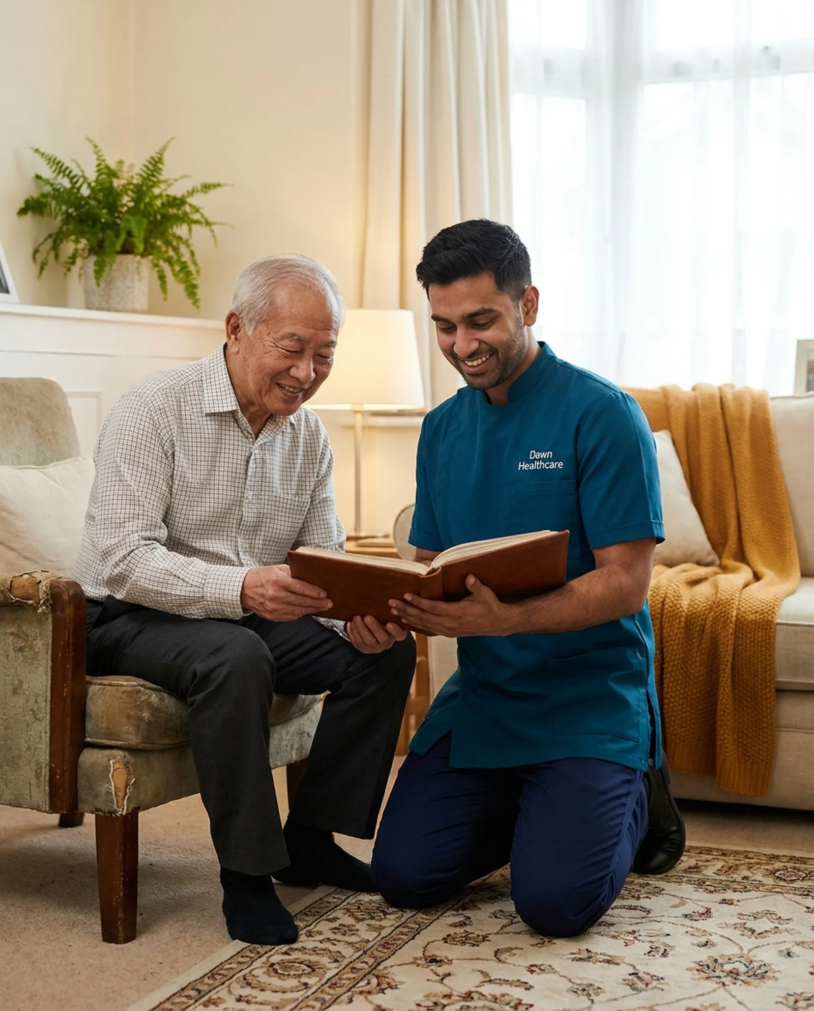 Carer in a teal Dawn Healthcare uniform looking through a photo album with an older man at home