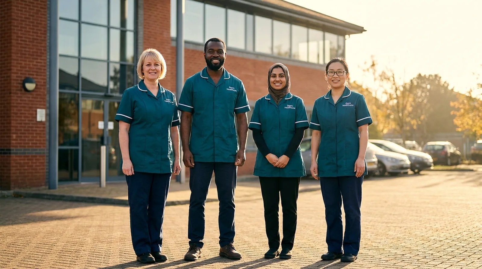 Dawn Healthcare home care team of European, African and Asian carers in teal uniforms in Leicester