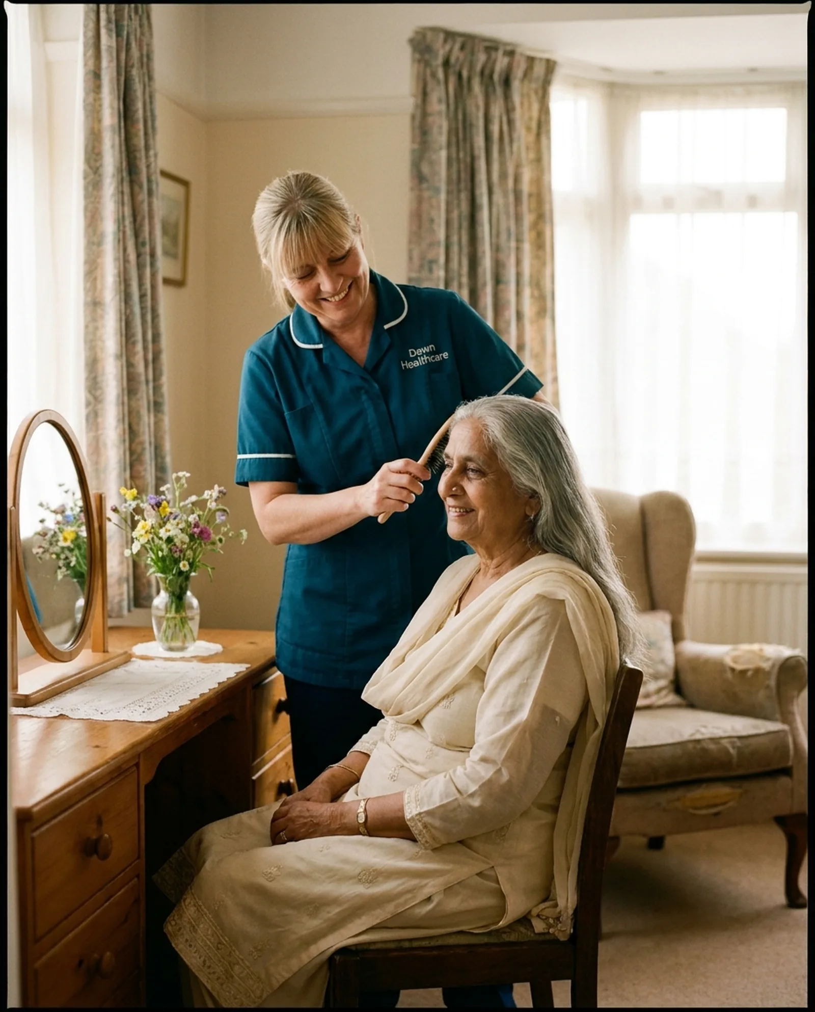 Dawn Healthcare carer brushing an older woman's hair at her dressing table as part of personal care at home