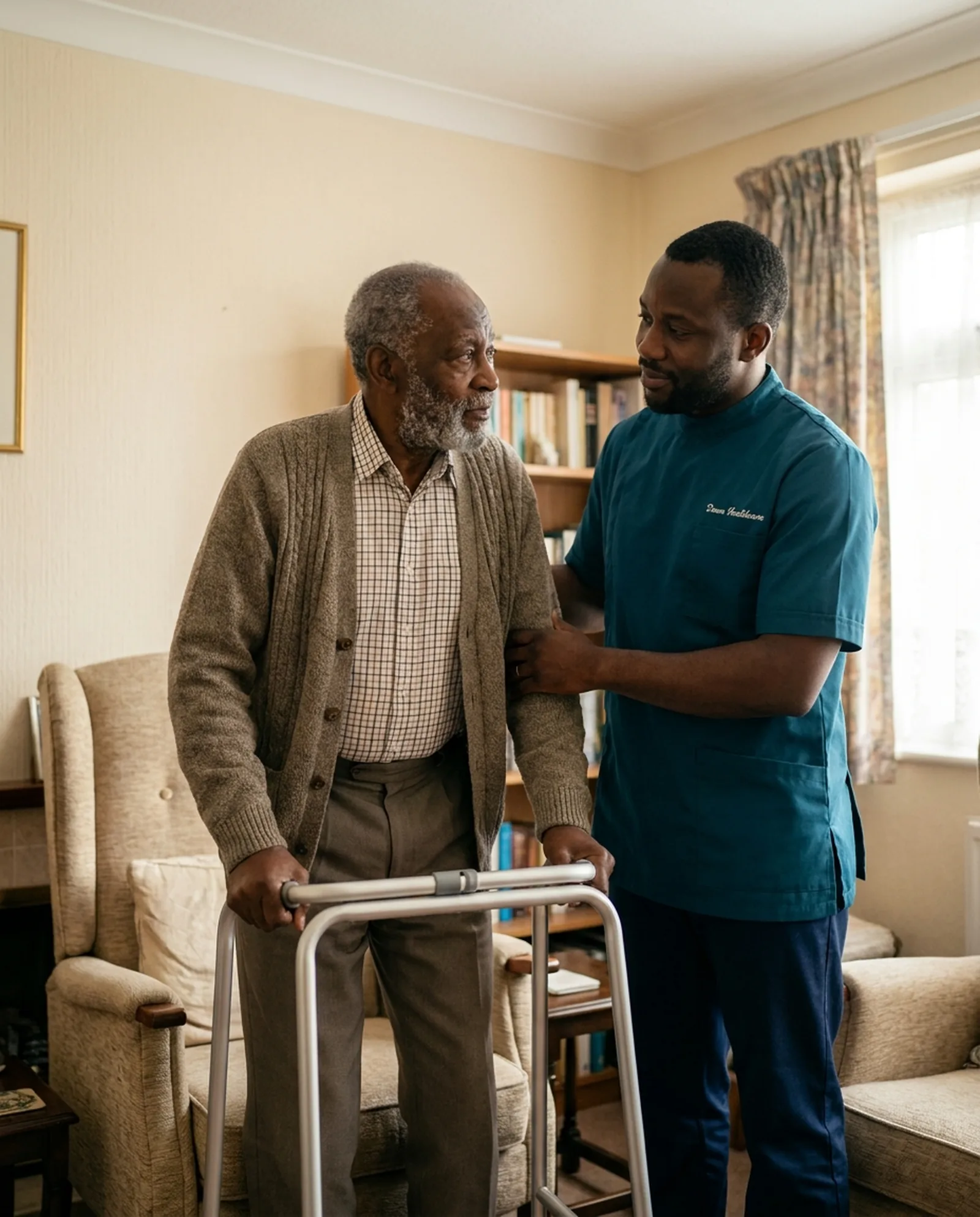 Carer in a teal Dawn Healthcare uniform supporting an older man to stand safely from his armchair at home