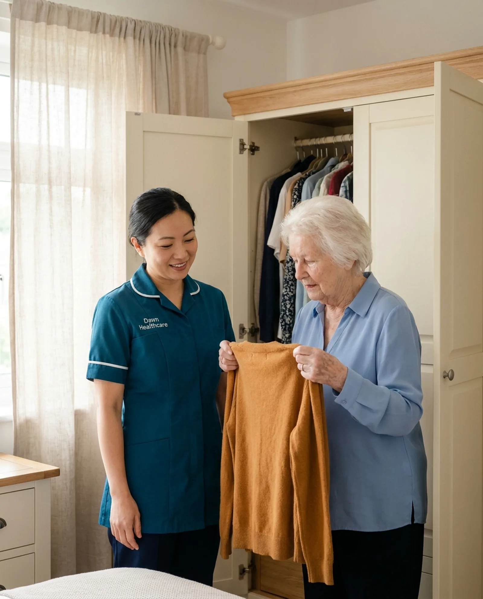 Dawn Healthcare carer helping an older woman choose clothes during a personal care visit