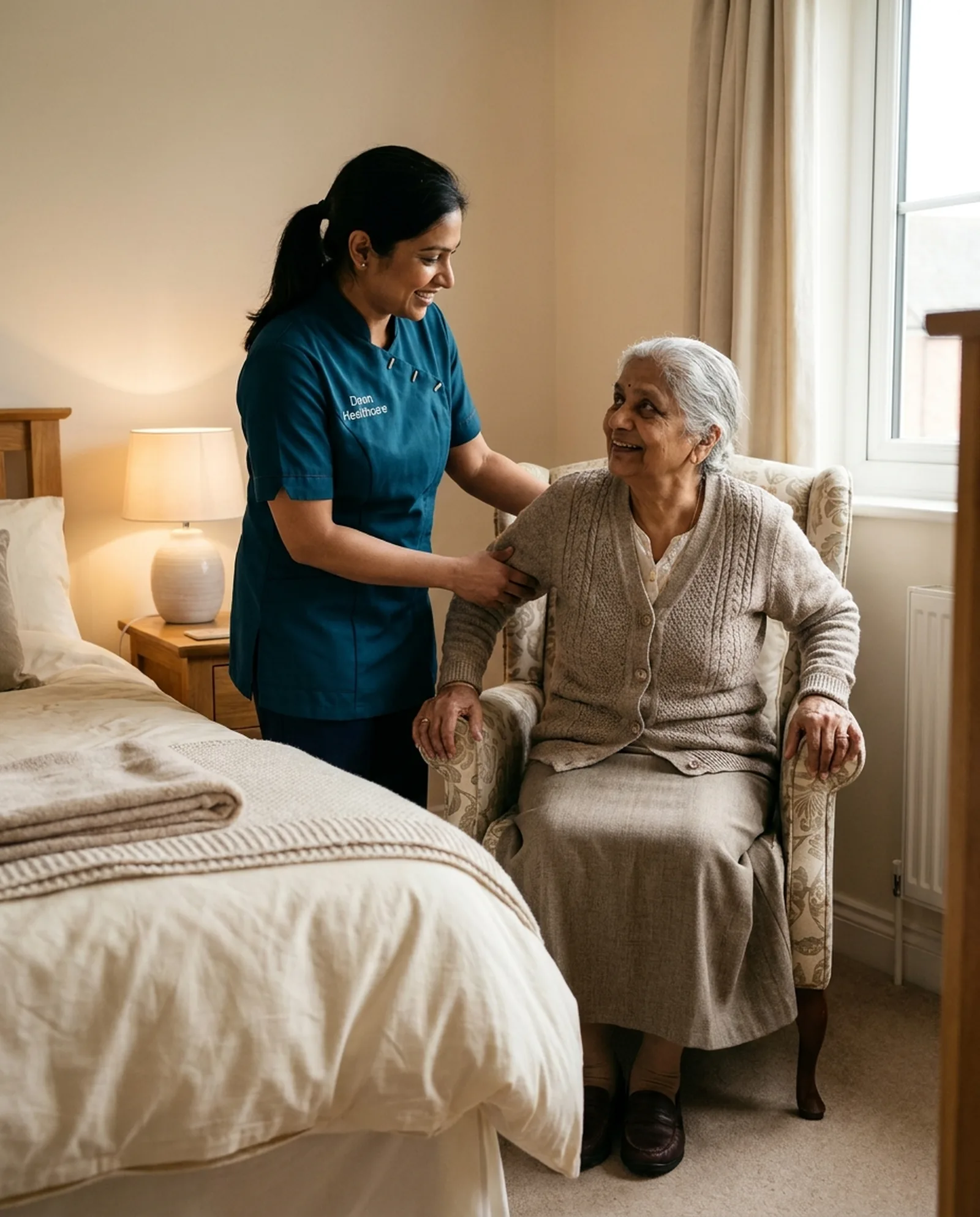 Dawn Healthcare carer in a teal uniform helping an older woman settle into her armchair after returning home