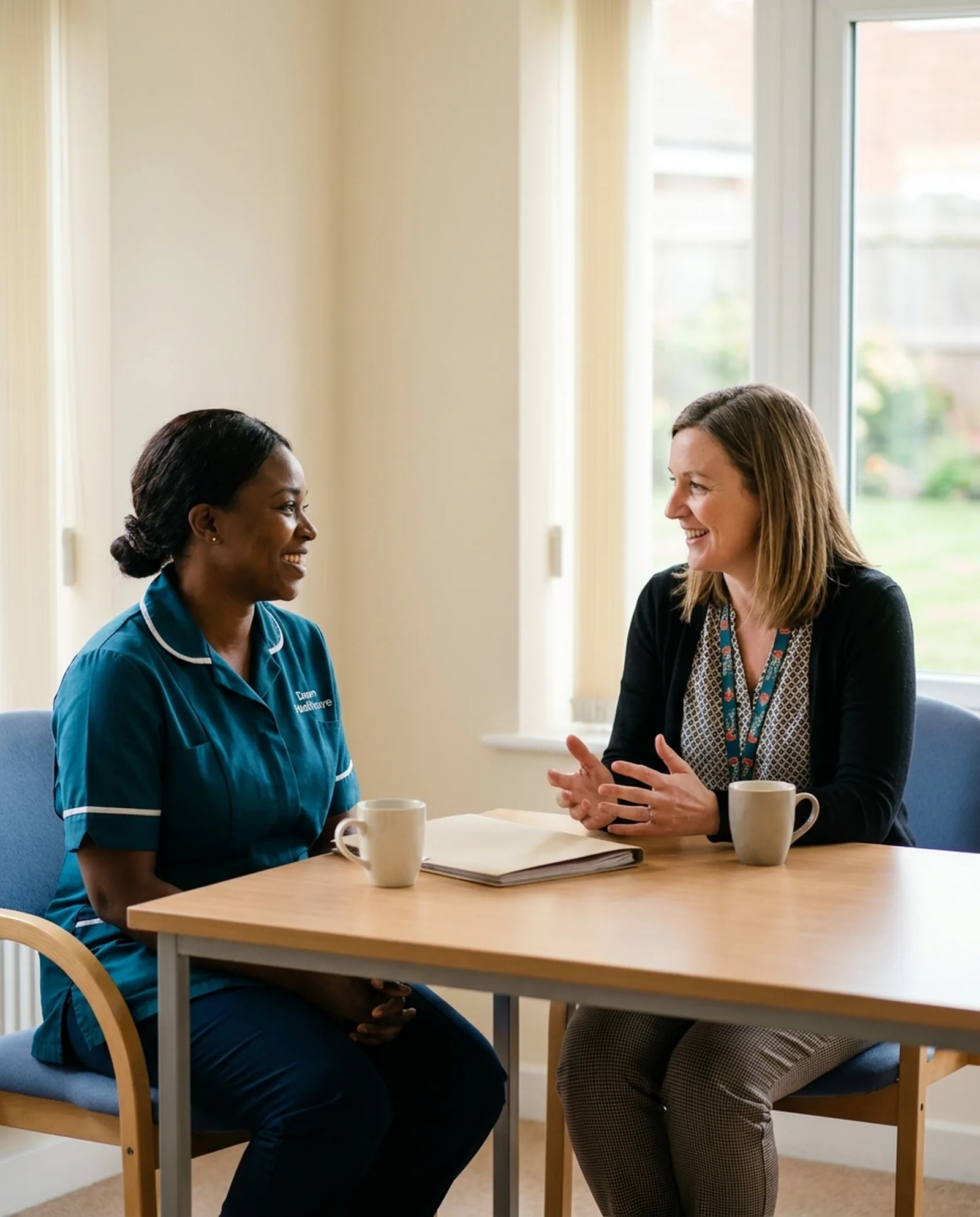 Dawn Healthcare care manager in a teal uniform discussing a home care referral with a social worker in Leicester