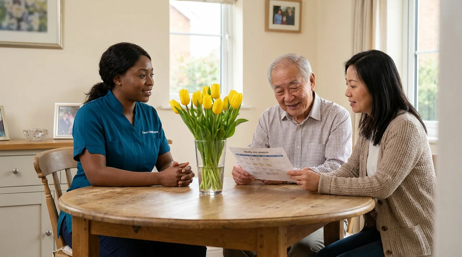 Dawn Healthcare care coordinator reviewing a weekly home care plan with an older man and his daughter