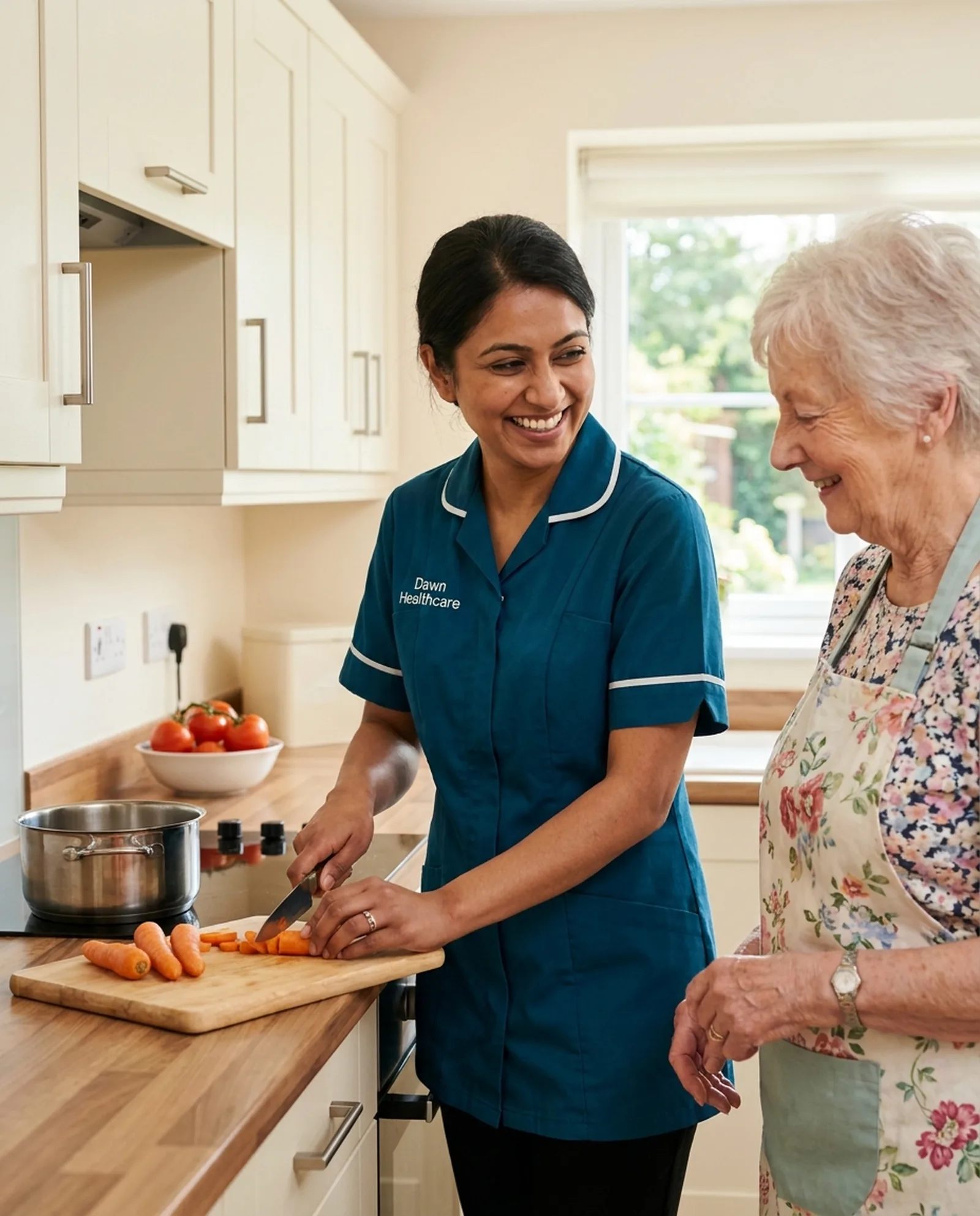 Dawn Healthcare carer helping an older woman prepare a homemade meal