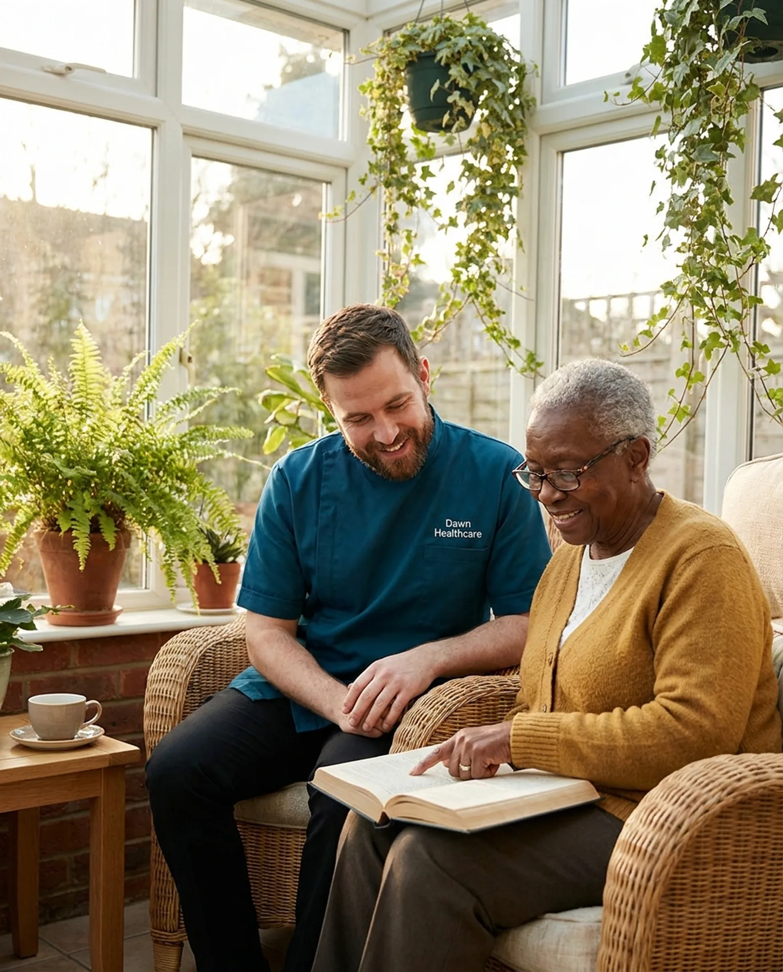 Carer in a teal Dawn Healthcare uniform reading a book with an older woman in her conservatory